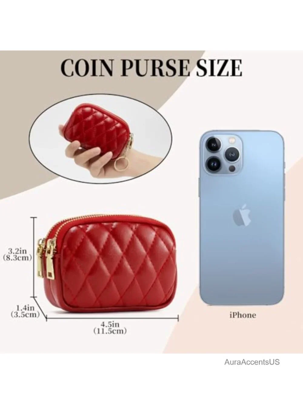 Leather Coin Purse with Key Ring, 2-Zipper Change Wallet, Small Coin Holder